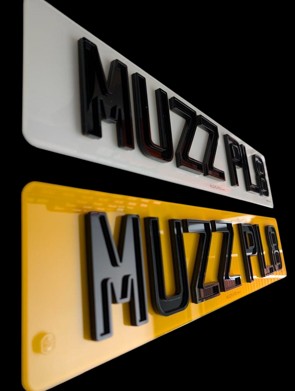 Two ghost number plates with 'MUZZPLATES' branding on a black background